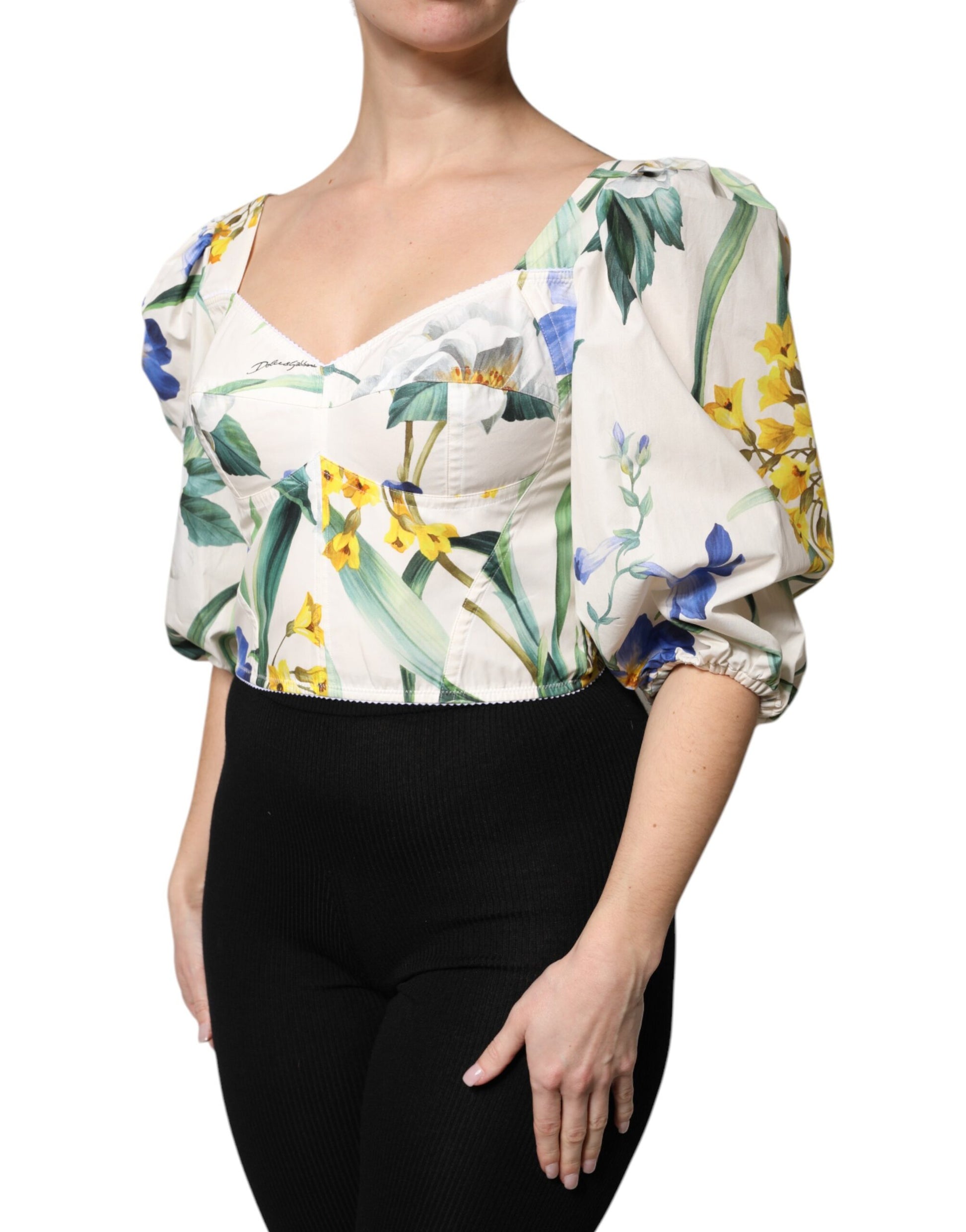 Dolce & Gabbana White Floral Puff Sleeves Crop Blouse Top by Dolce & Gabbana