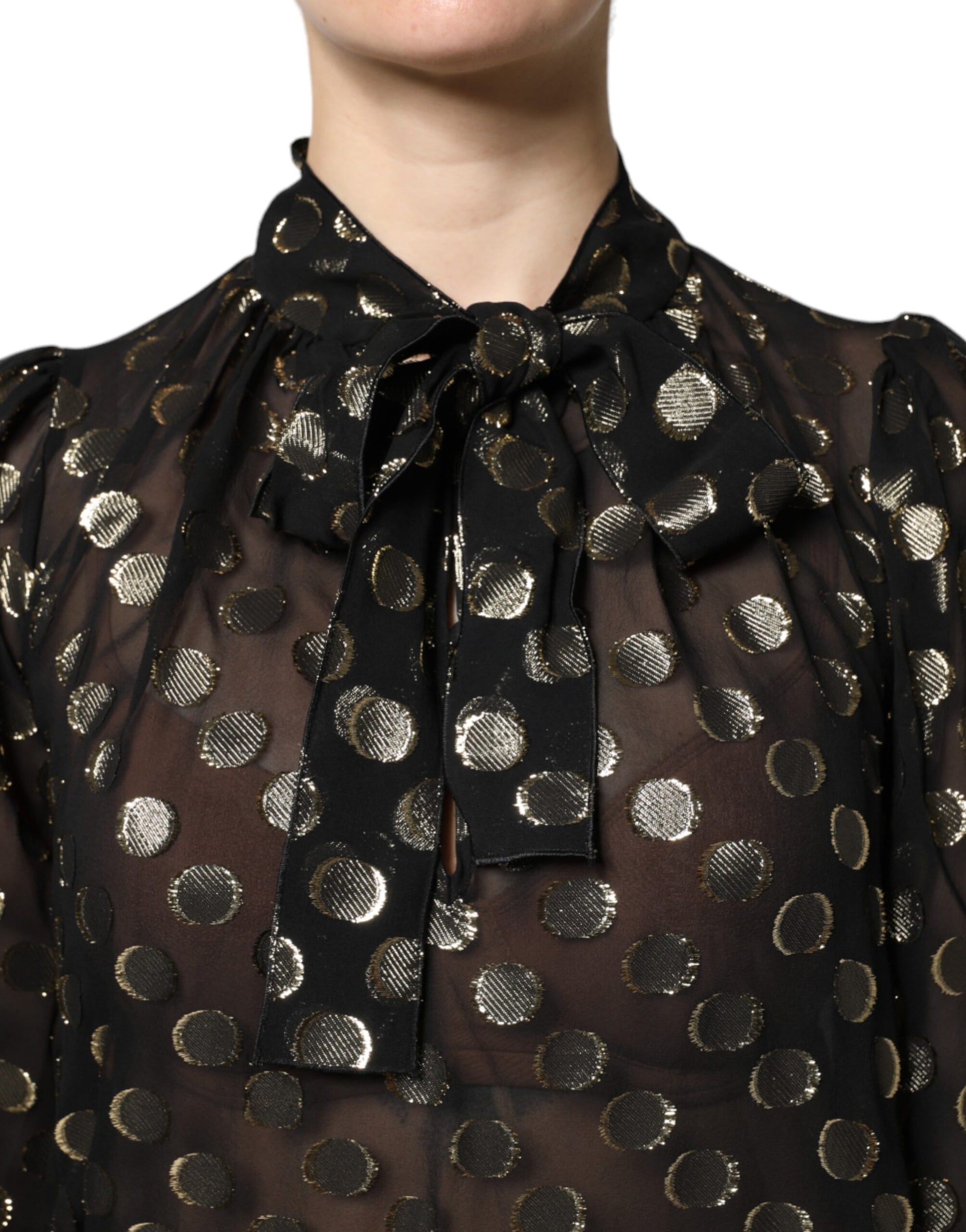 Dolce & Gabbana Black Sheer Tied Neck Polka Dots Blouse Top by Dolce & Gabbana
