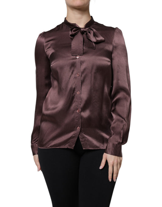 Dolce & Gabbana Brown Ascot Collar Long Sleeve Blouse Top by Dolce & Gabbana