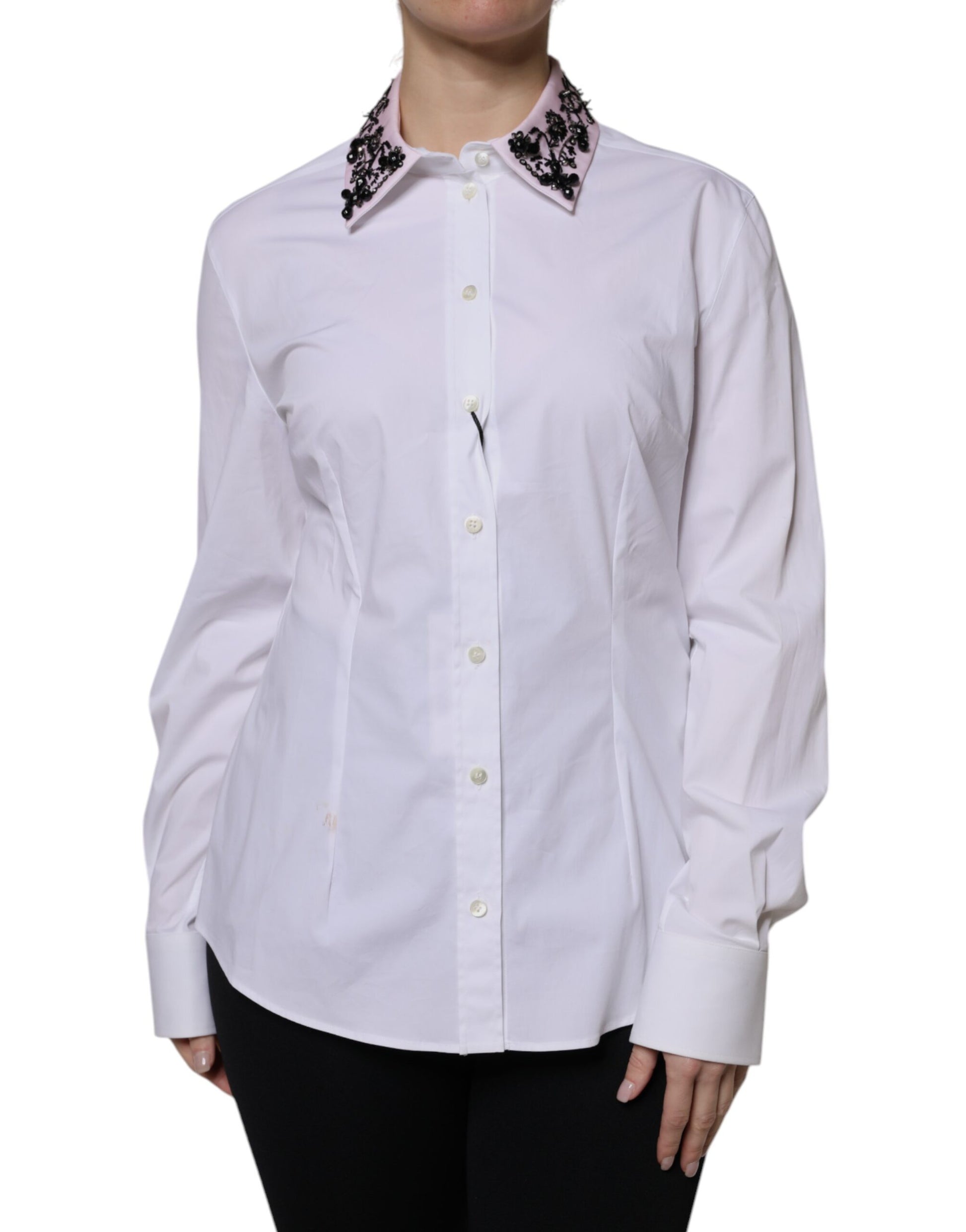 Dolce & Gabbana White Embellished Collared Dress Shirt Top by Dolce & Gabbana