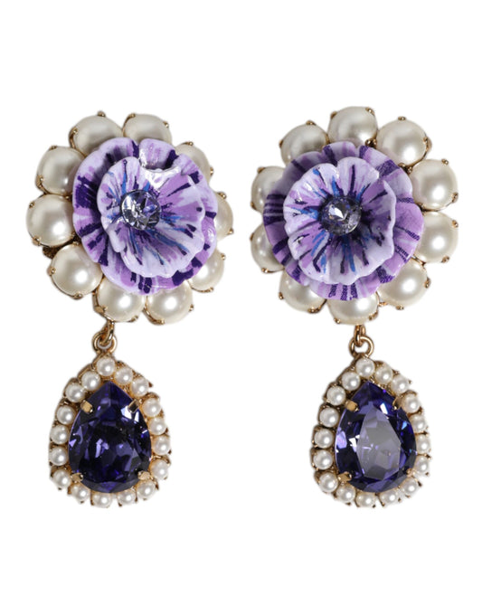 Boucles d'oreilles à clip Dolce &amp; Gabbana en forme de fleur violette et de perles en forme de larme