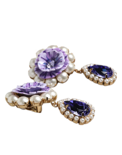 Boucles d'oreilles à clip Dolce &amp; Gabbana en forme de fleur violette et de perles en forme de larme