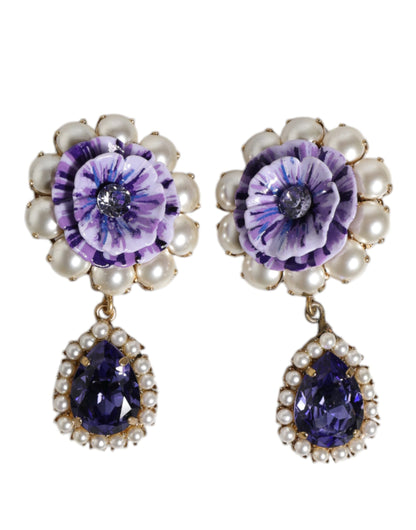 Boucles d'oreilles à clip Dolce &amp; Gabbana en forme de fleur violette et de perles en forme de larme