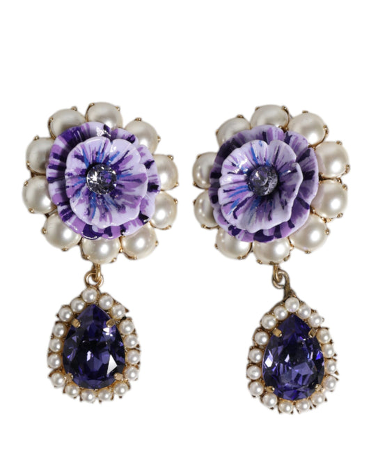 Boucles d'oreilles à clip Dolce &amp; Gabbana en forme de fleur violette et de perles en forme de larme