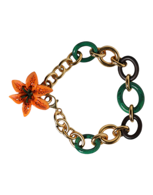 Collier chaîne Dolce &amp; Gabbana en laiton doré multicolore à motif floral de lys orange