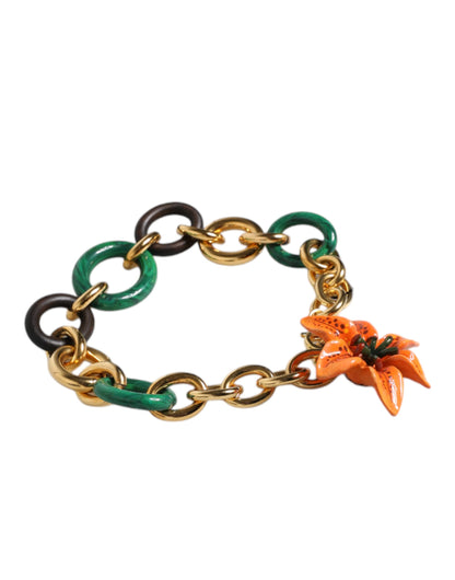Collier chaîne Dolce &amp; Gabbana en laiton doré multicolore à motif floral de lys orange
