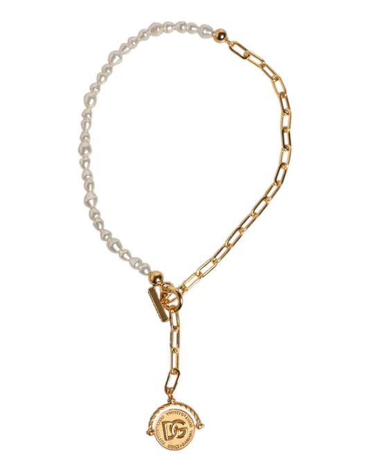 Collier Dolce &amp; Gabbana avec pendentif logo en fausse perle et chaîne en or