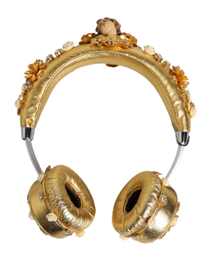 Dolce &amp; Gabbana Gold Leather Floral Crystal Angel Headset Headphones