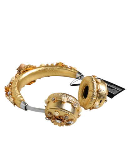 Dolce &amp; Gabbana Gold Leather Floral Crystal Angel Headset Headphones