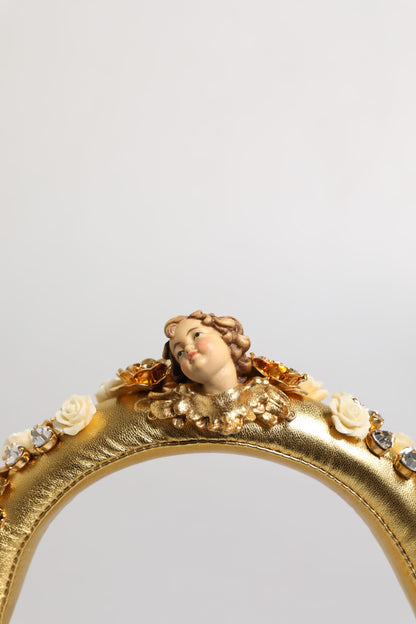 Dolce &amp; Gabbana Gold Leather Floral Crystal Angel Headset Headphones