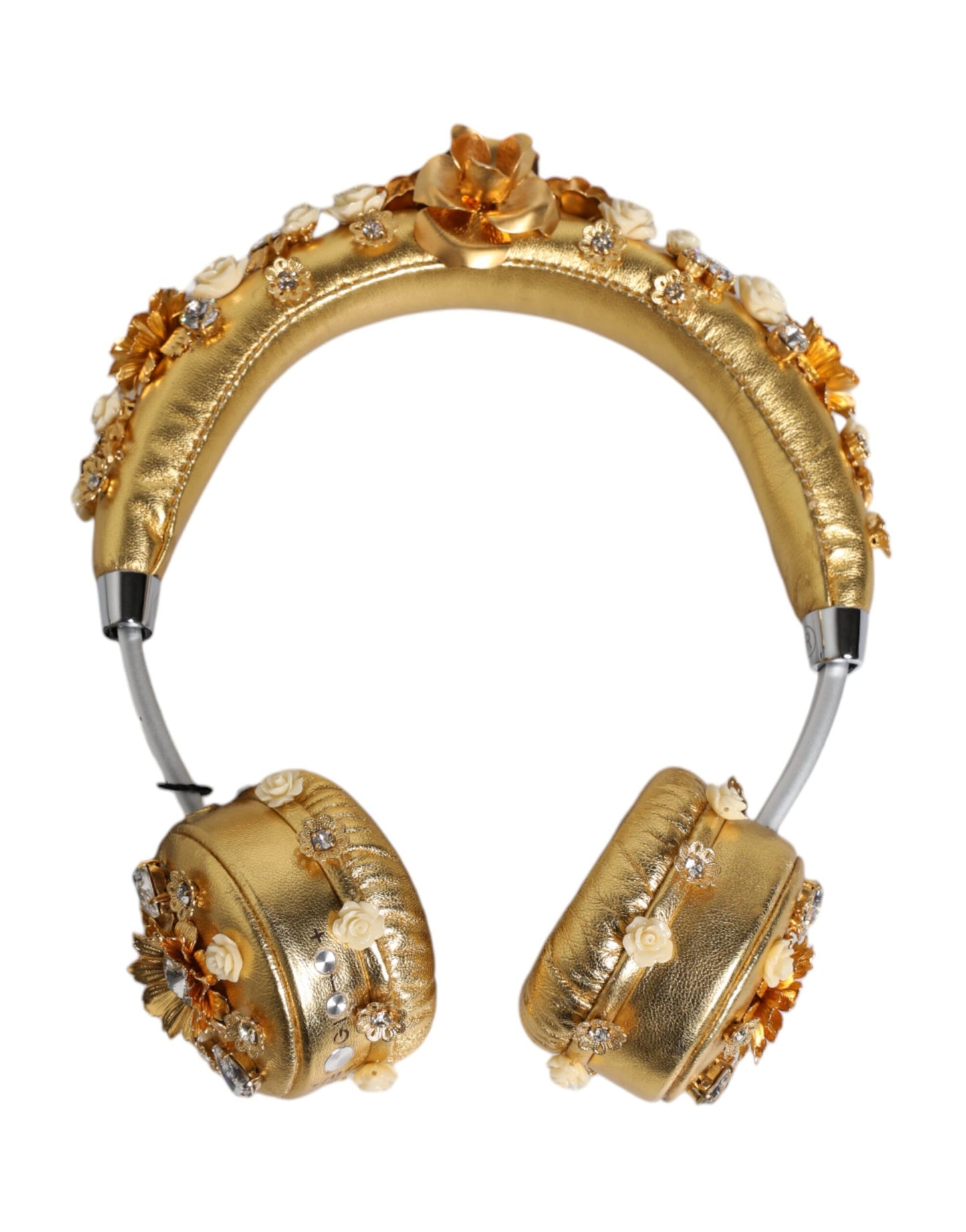 Dolce &amp; Gabbana Gold Leather Floral Crystal Angel Headset Headphones