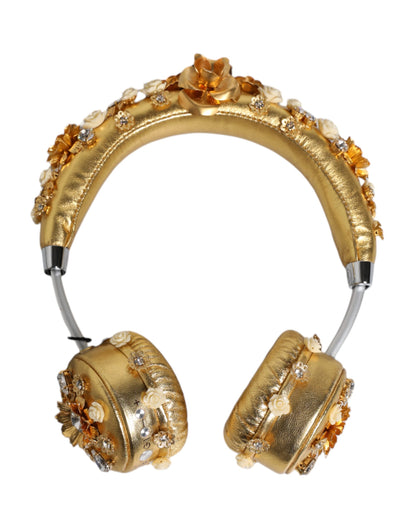 Dolce &amp; Gabbana Gold Leather Floral Crystal Angel Headset Headphones
