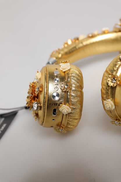 Dolce &amp; Gabbana Gold Leather Floral Crystal Angel Headset Headphones