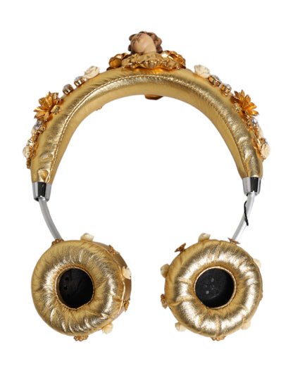 Dolce &amp; Gabbana Gold Leather Floral Crystal Angel Headset Headphones