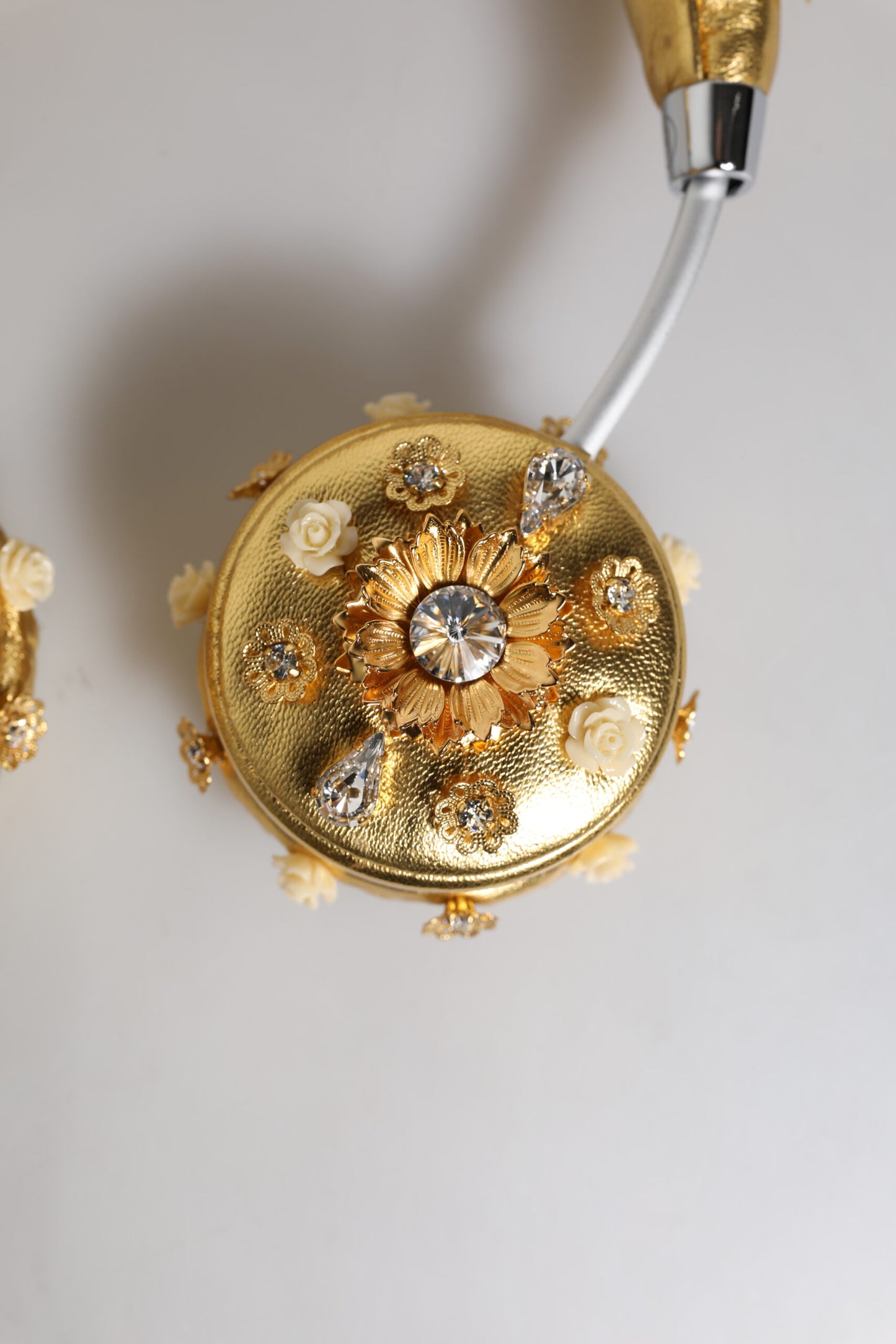 Dolce &amp; Gabbana Gold Leather Floral Crystal Angel Headset Headphones