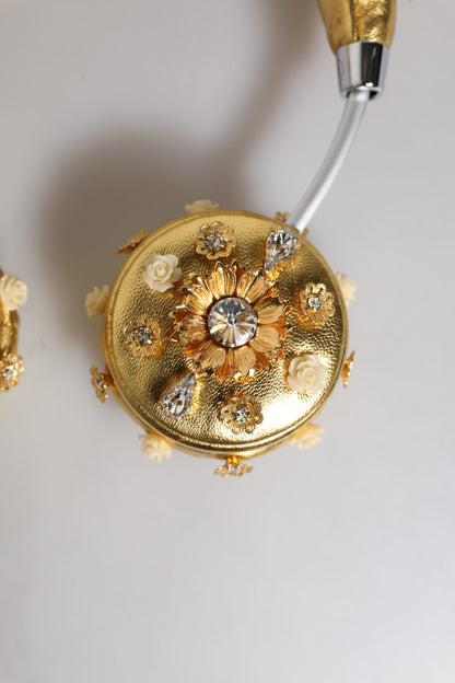 Dolce &amp; Gabbana Gold Leather Floral Crystal Angel Headset Headphones