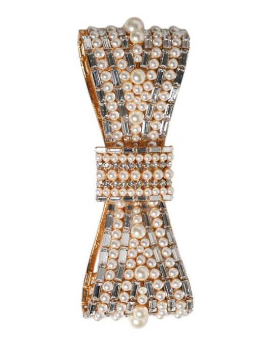 Dolce &amp; Gabbana Gold Tone Brass Bow Crystal FauxPearl Embellished Brooch