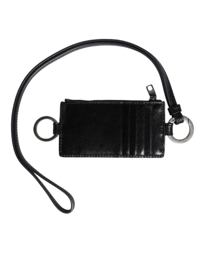 Dolce & Gabbana Black Leather Logo Embossed Lanyard Card Holder Wallet by Dolce & Gabbana