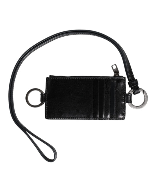 Portefeuille porte-cartes en cuir noir avec logo en relief Dolce &amp; Gabbana