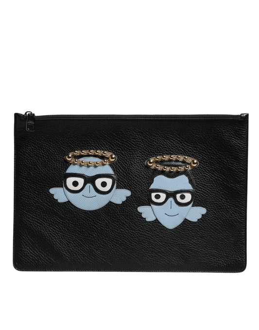 Dolce & Gabbana Black Leather #DGFAMILY Embellished Men Zip Pouch Bag by Dolce & Gabbana