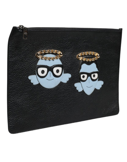 Dolce & Gabbana Black Leather #DGFAMILY Embellished Men Zip Pouch Bag by Dolce & Gabbana