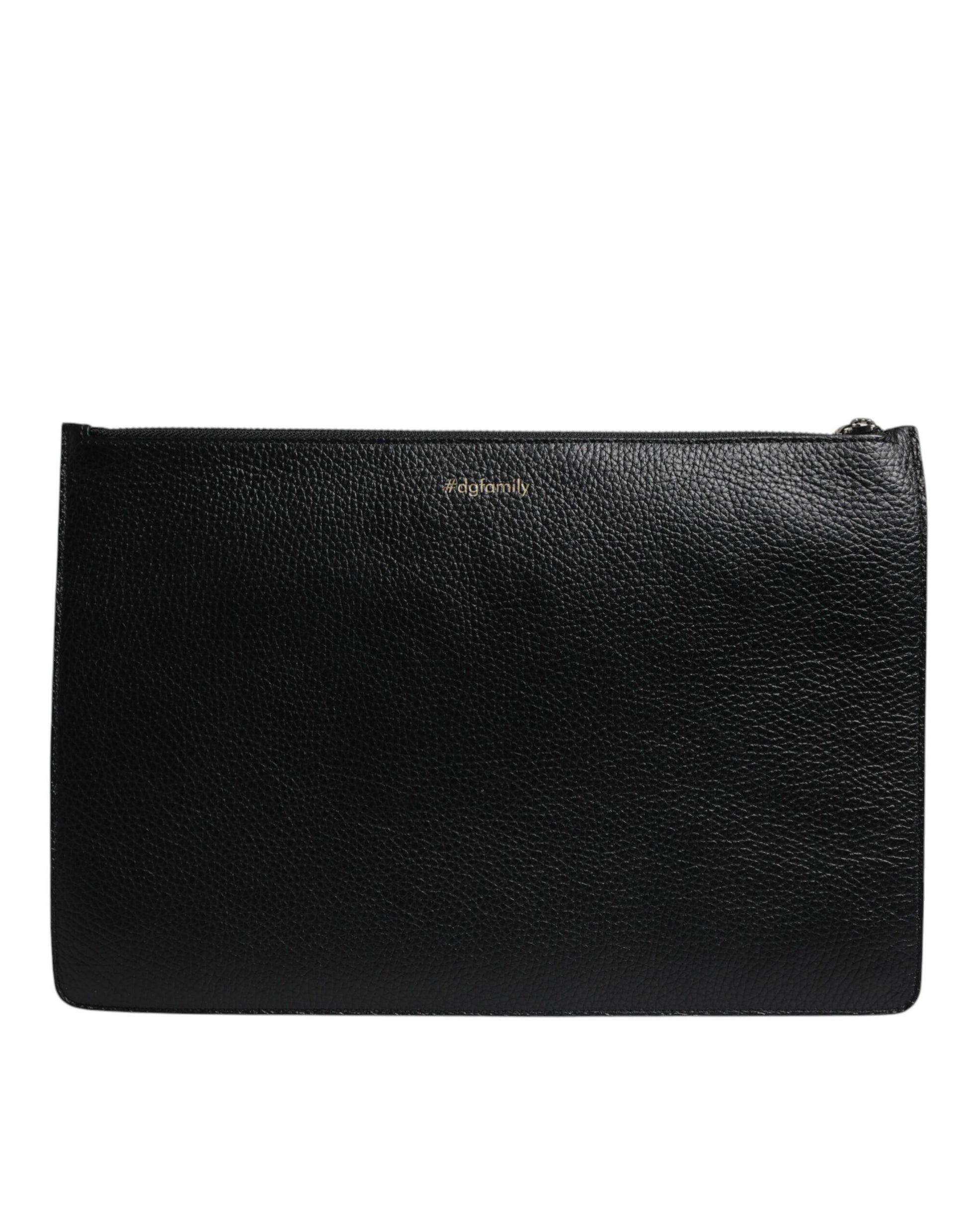 Dolce & Gabbana Black Leather #DGFAMILY Embellished Men Zip Pouch Bag by Dolce & Gabbana