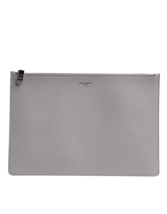 Dolce & Gabbana Gray Solid Leather DG Logo Men Clutch Zip Pouch Bag by Dolce & Gabbana