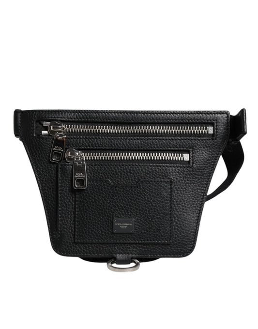 Sac banane Dolce &amp; Gabbana en cuir de veau noir avec plaque logo pour homme