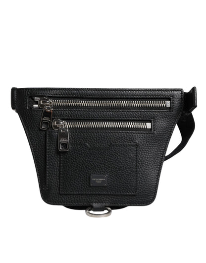 Sac banane Dolce &amp; Gabbana en cuir de veau noir avec plaque logo pour homme