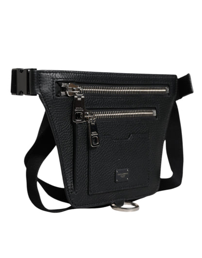 Sac banane Dolce &amp; Gabbana en cuir de veau noir avec plaque logo pour homme