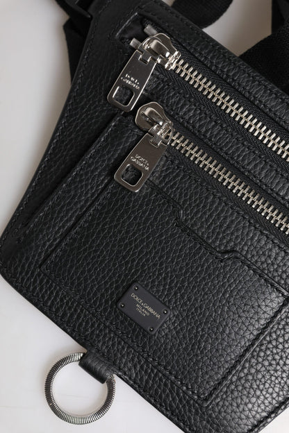Sac banane Dolce &amp; Gabbana en cuir de veau noir avec plaque logo pour homme