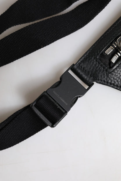 Sac banane Dolce &amp; Gabbana en cuir de veau noir avec plaque logo pour homme