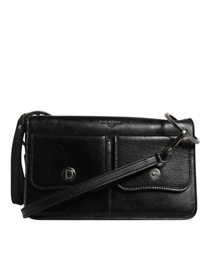 Sac à bandoulière en cuir noir Dolce &amp; Gabbana avec logo