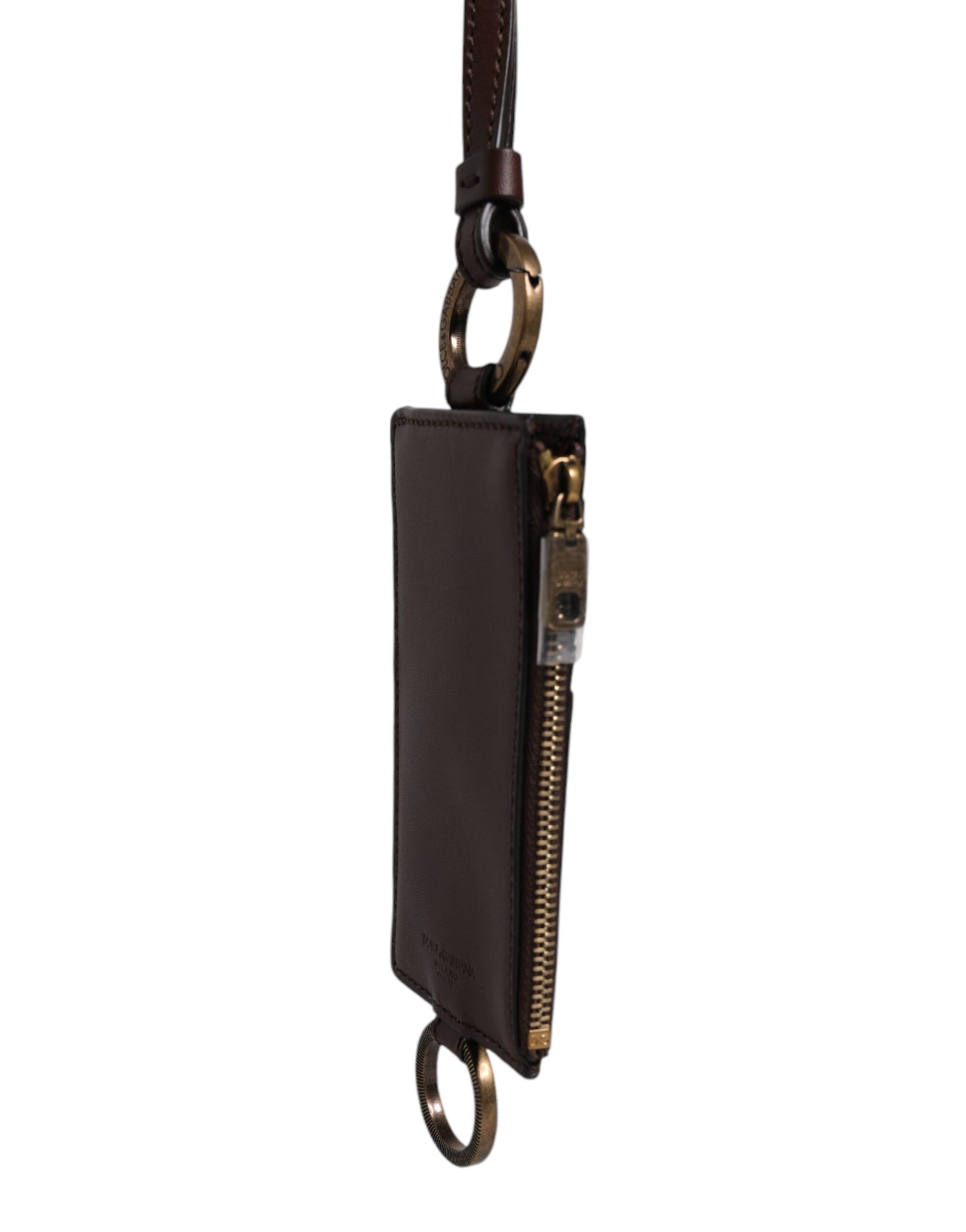 Dolce & Gabbana Brown Calf Leather Lanyard Logo Card Holder Wallet by Dolce & Gabbana