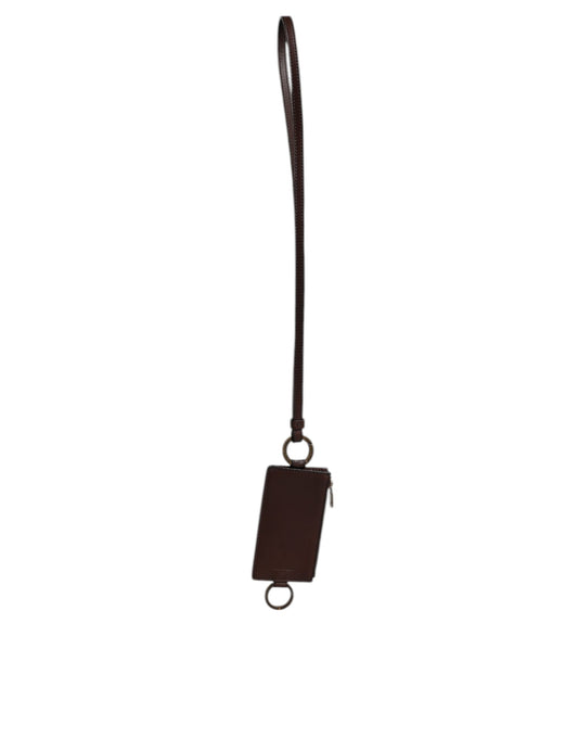 Portefeuille porte-cartes Dolce &amp; Gabbana en cuir de veau marron avec cordon et logo