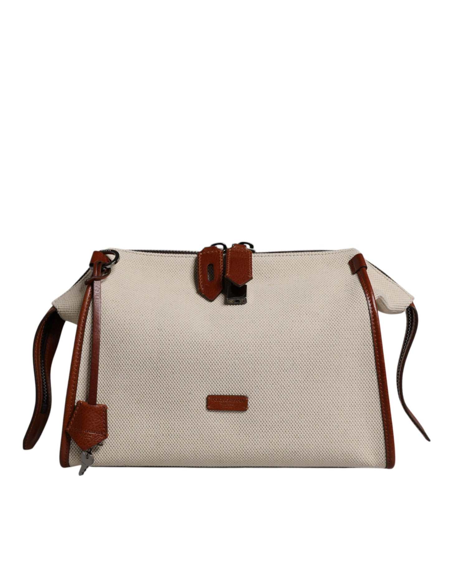Sac à bandoulière en cuir et coton beige marron Dolce &amp; Gabbana