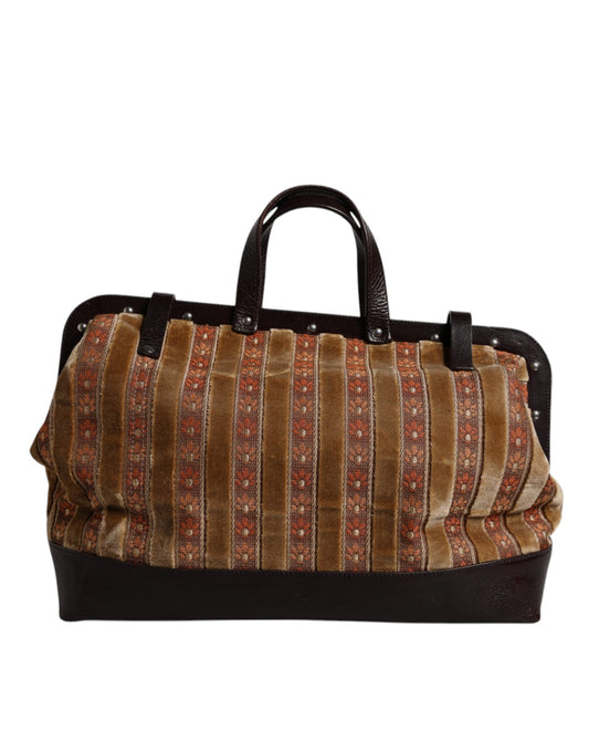 Sac à main de voyage Dolce &amp; Gabbana en velours beige et cuir jacquard marron