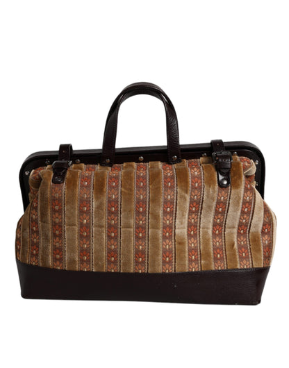 Sac à main de voyage Dolce &amp; Gabbana en velours beige et cuir jacquard marron
