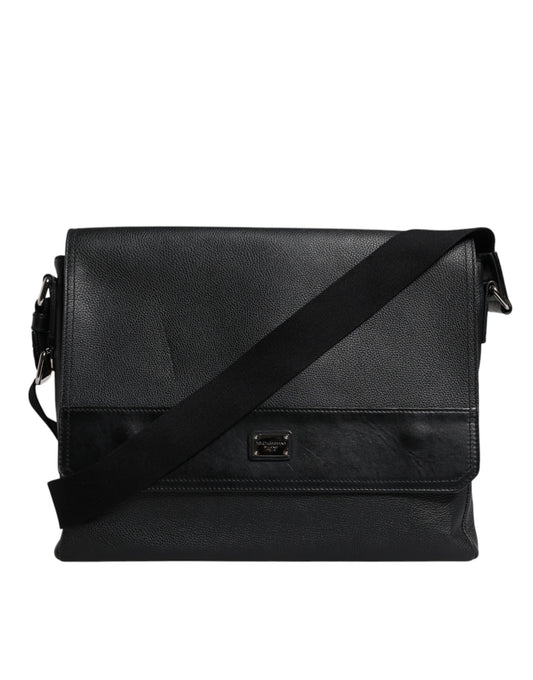 Sac bandoulière en cuir noir Dolce &amp; Gabbana avec plaque logo