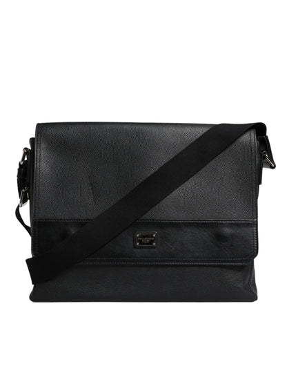 Sac bandoulière en cuir noir Dolce &amp; Gabbana avec plaque logo