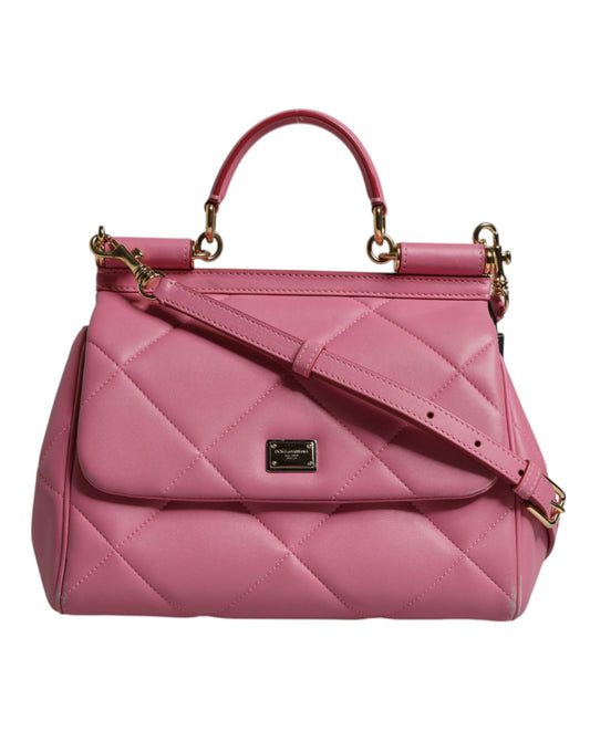 Dolce &amp; Gabbana Pink Leather Sicily Logo Shoulder Satchel Bag
