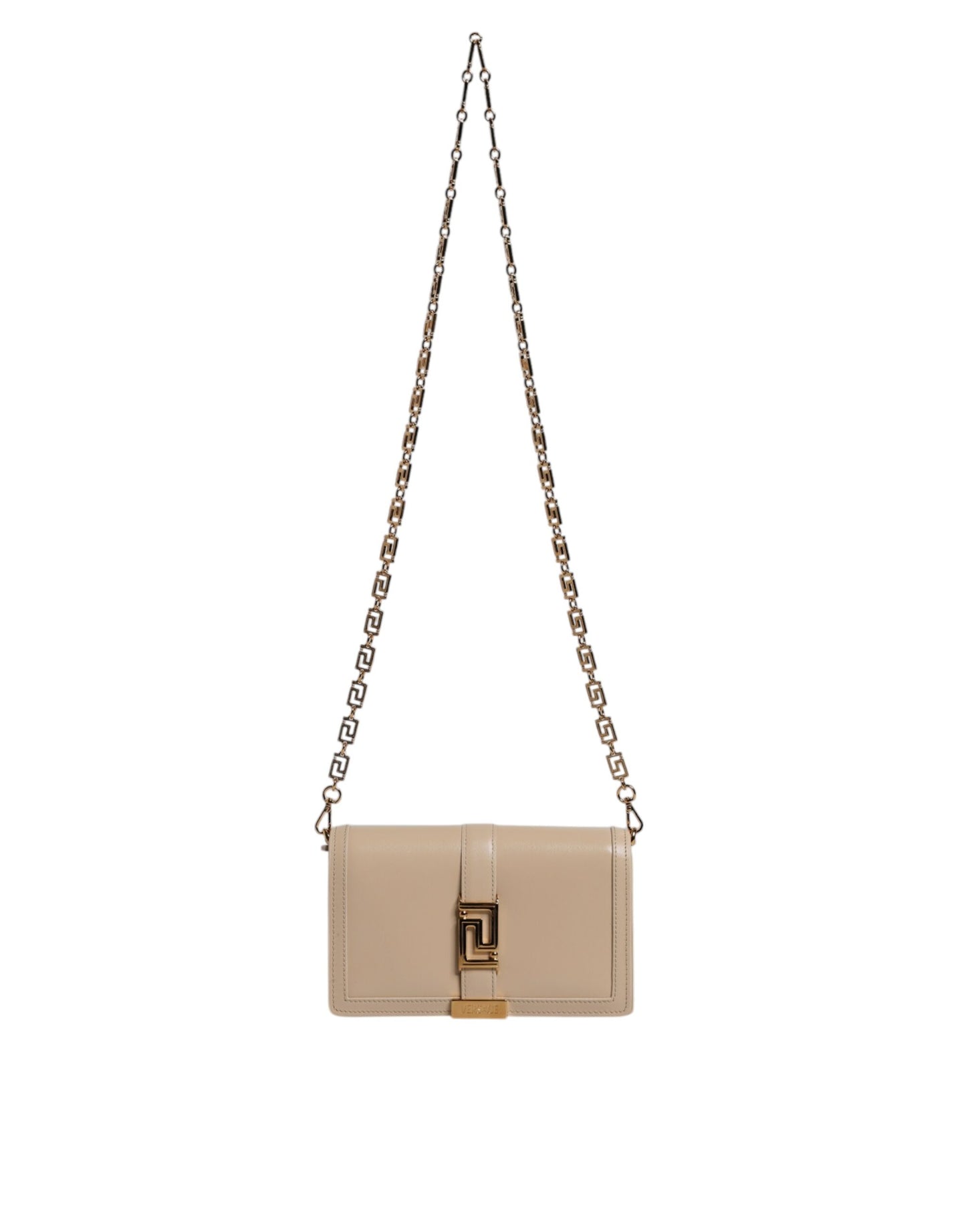 Sac bandoulière portefeuille Versace en cuir de veau beige avec chaîne dorée
