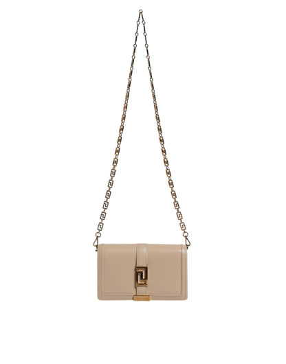 Sac bandoulière portefeuille Versace en cuir de veau beige avec chaîne dorée