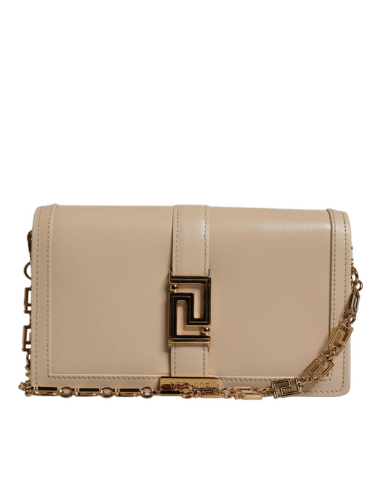 Sac bandoulière portefeuille Versace en cuir de veau beige avec chaîne dorée