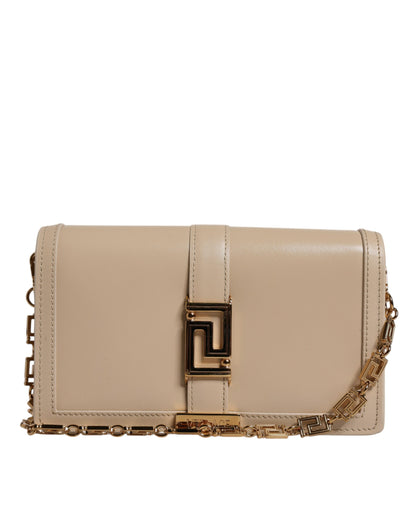 Sac bandoulière portefeuille Versace en cuir de veau beige avec chaîne dorée