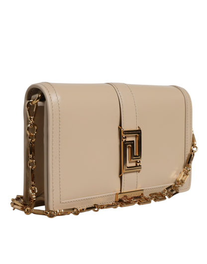 Sac bandoulière portefeuille Versace en cuir de veau beige avec chaîne dorée