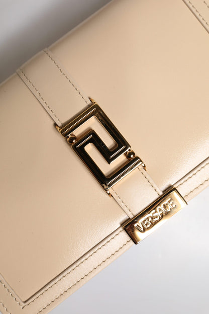 Sac bandoulière portefeuille Versace en cuir de veau beige avec chaîne dorée