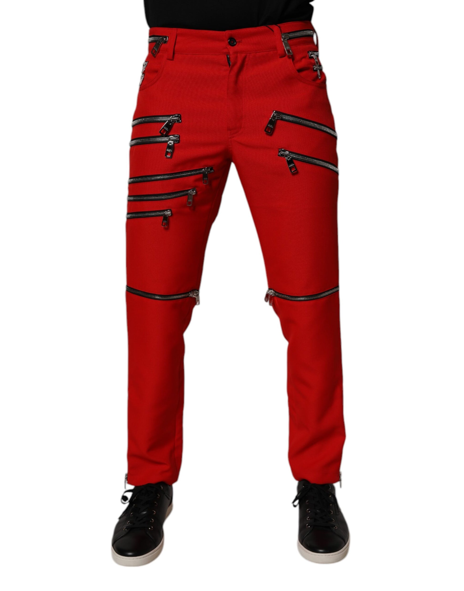 Dolce & Gabbana Red Zipper Embellished Straight Pants by Dolce & Gabbana