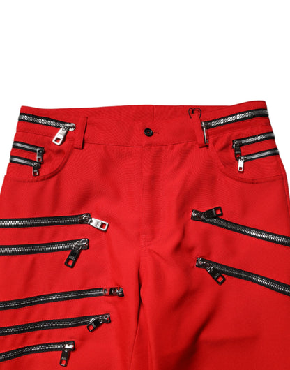 Dolce & Gabbana Red Zipper Embellished Straight Pants by Dolce & Gabbana