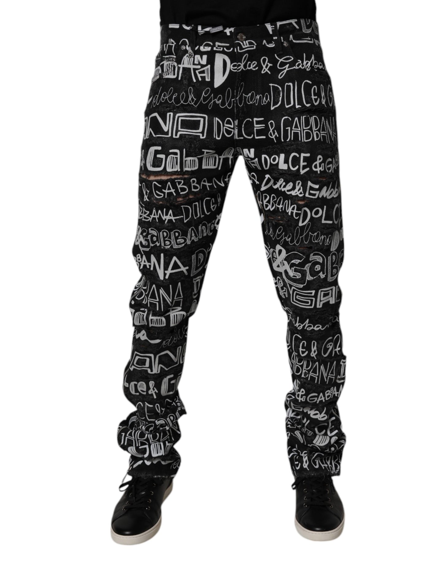 Dolce & Gabbana Black Cotton Logo Print Straight Denim Jeans by Dolce & Gabbana